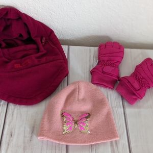 Water-proof  winter fuchsia ski glove, Mask winter warm hat, and warm hat